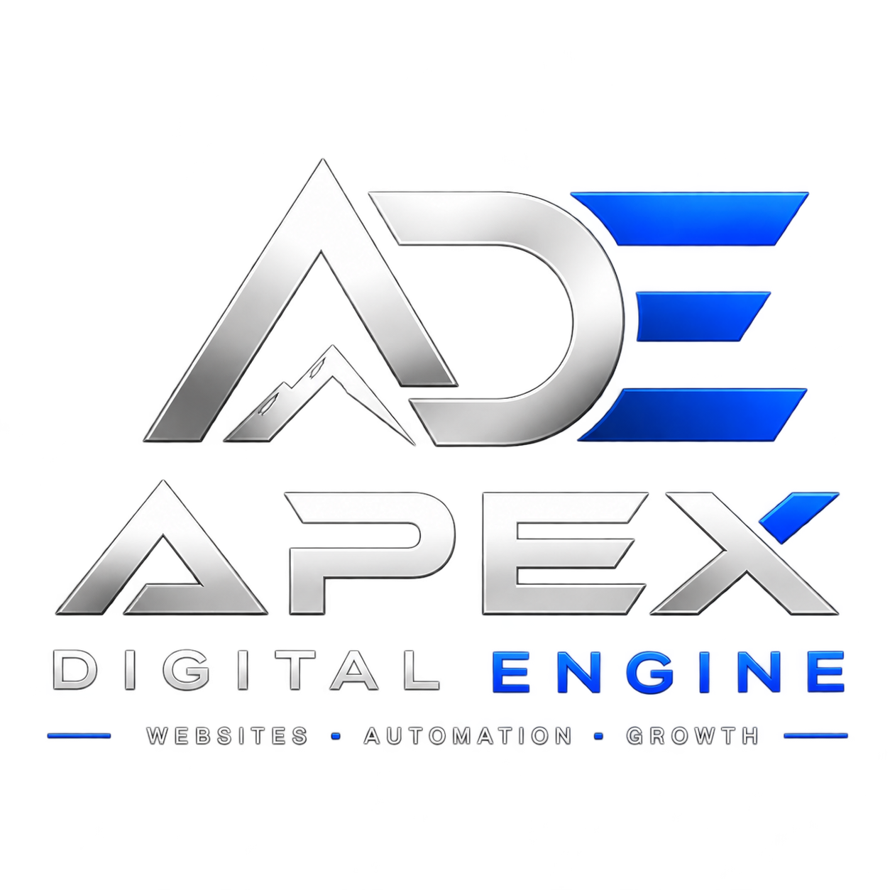 Apex Digital Engine logo featuring a stylized A and D with blue bars, tagline reads Digital Engine with Websites, Automation, Growth