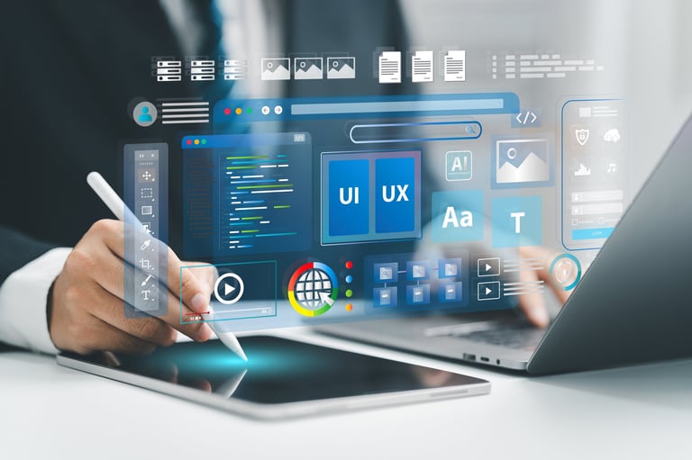 Apex Digital Engine web designer building a high-converting website with live code and UI displays